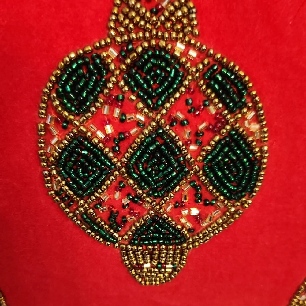 Festive Holiday Red Velvet Beaded Ornament Pillow